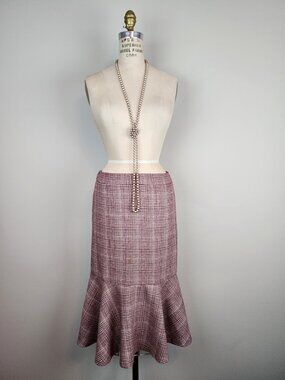 Vintage Style Burgundy Tweed Pencil Skirt with Flounce Ladies Size Small